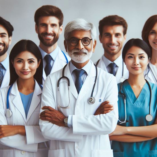 A diverse group of medical professionals, professors, and hospital staff standing together.