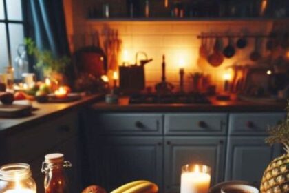 A cozy nighttime kitchen scene with a plate of healthy snacks.