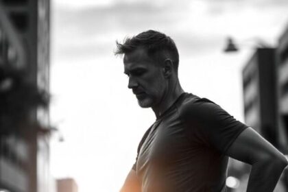 A fit, middle-aged man stretching outdoors, emphasizing joint mobility