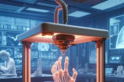 A futuristic lab setup with a 3D printer crafting a medical model or prosthetic limb