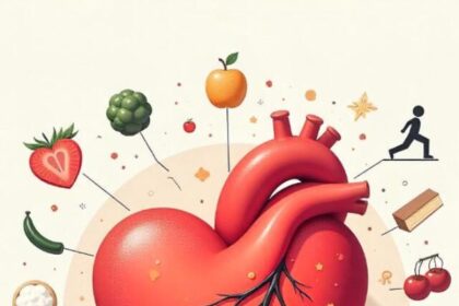 A heart and cholesterol symbol with healthy food and exercise icons