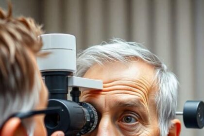 A middle-aged man getting an eye examination by an optometrist