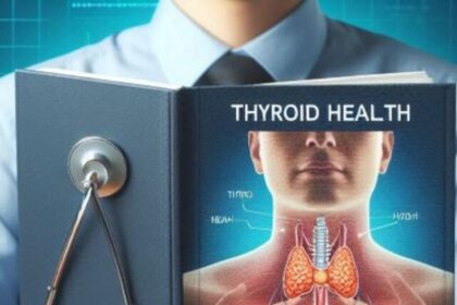 A person holding a thyroid health book with a medical stethoscope beside it